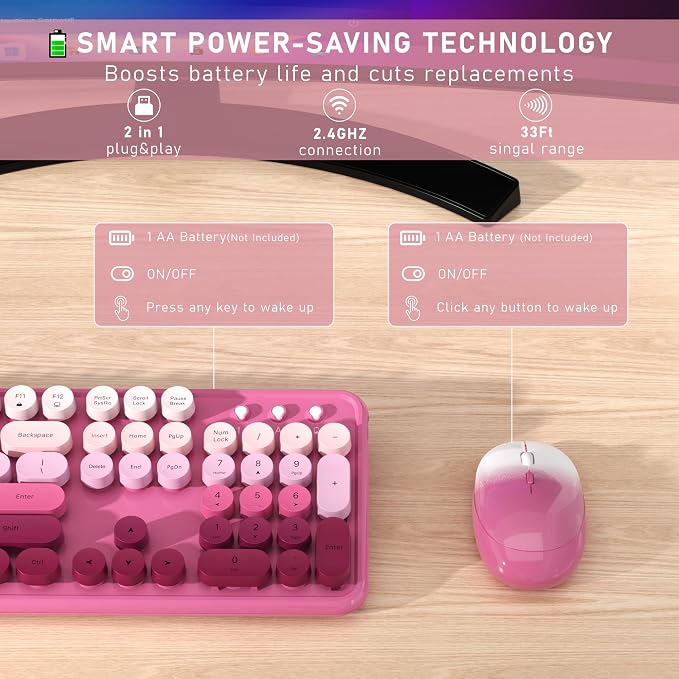 Links9+ Wireless Keyboard and Mouse, Full-Size Retro Typewriter Keyboard with Round Keycaps, 2.4GHz for Windows, Mac, Laptop, PC, Desktop (Dark Pink Gradient)
