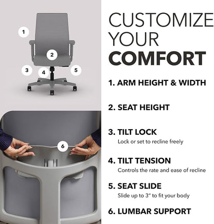 HON Ignition 2.0 Mid‑Back Ergonomic Office Chair, Mesh Task Desk Chair with Lumbar Support, Standard Synchro‑Tilt, Height and Width Adjustable Arms, Titanium Frame, Frost
