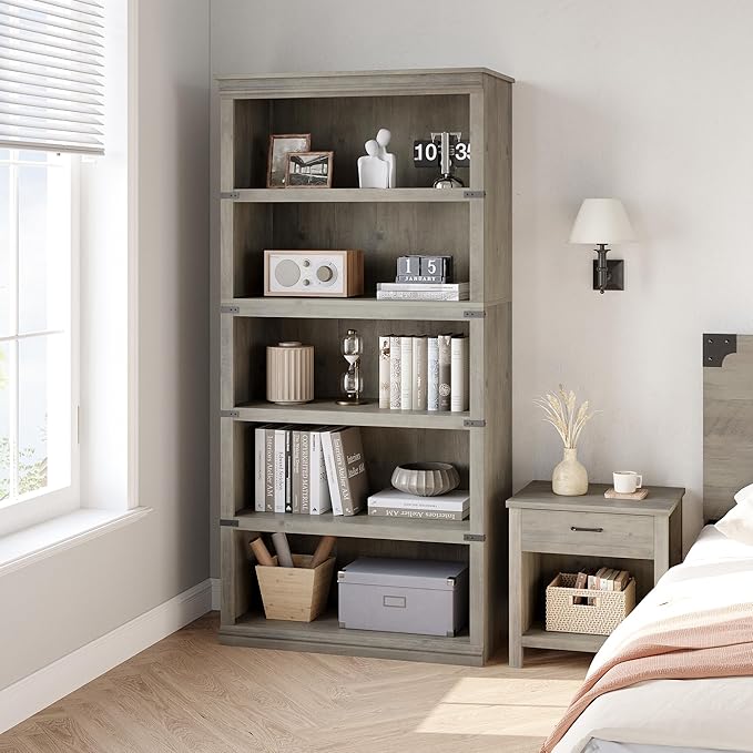 GarveeHome 5 Tier Farmhouse Bookcase, 67.4" Tall Book Shelf with Storage, Wooden Bookshelves 5 Shelf Display Shelves for Home Office(67.4" H x 31.5" W x 12.8" D) (Grey, 67.4" H x 31.5" W x 12.8" D)