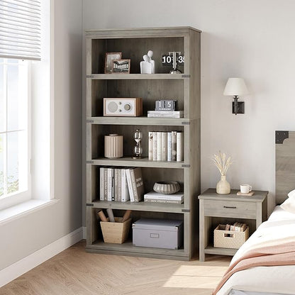 GarveeHome 5 Tier Farmhouse Bookcase, 67.4" Tall Book Shelf with Storage, Wooden Bookshelves 5 Shelf Display Shelves for Home Office(67.4" H x 31.5" W x 12.8" D) (Grey, 67.4" H x 31.5" W x 12.8" D)