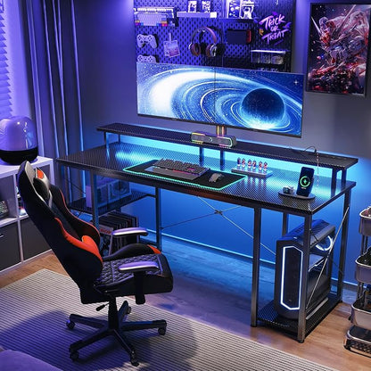 ODK 63 inch Computer Desk with Power Outlets & LED Lights, Gaming Desk with Monitor Stand & Storage Sheves, Home Office Desk, Carbon Fiber Black