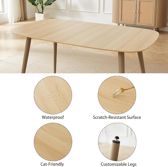 HIPIHOM 55'' Scratch Resistant Modern Wood Dining Table for 4 with Leather U-Shaped Chairs - Kitchen Dining Room Furniture (Easy to Assemble, Pet Friendly Surface, White Chair