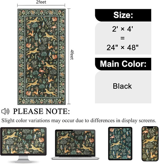 DUKINO 2x4 Rug for Hallway, Washable Kitchen Runner Rug with Non Slip Backing, Soft Low Pile Vintage Animal Runner for Bedroom, Kitchen, Hallway, Entryway, Laundry, Black
