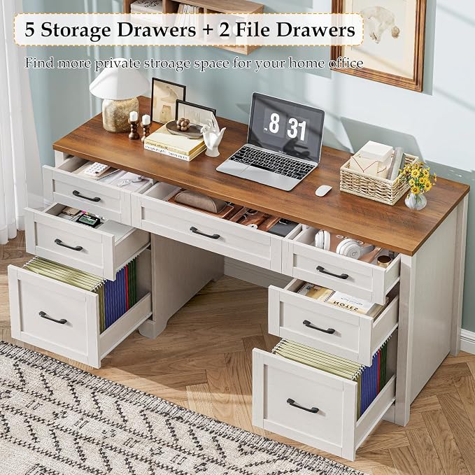 Vabches Farmhouse 61'' Executive Desk with 7 Drawers, Rustic Office Desk Computer Table with File Drawers, Wood Workstation for Study and Home Office,Unique White