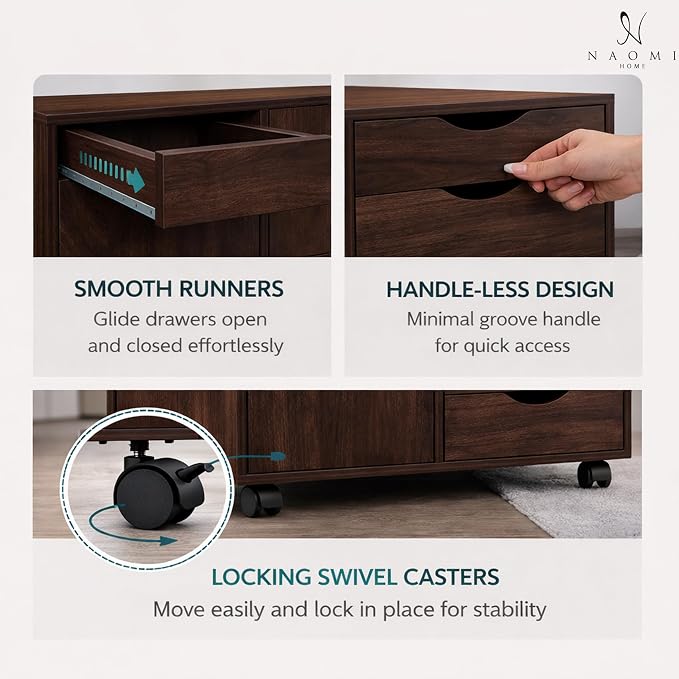 Naomi Home Under Desk Rolling Office File Cabinet with 5 Drawers & Side Storage Cabinet, Mobile Organizer with Shelves & Swivel Casters for Home Office - Brown Oak