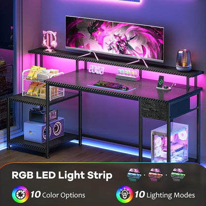 Black Gaming Desk With RGB Lights and 3 AC Power Outlets,Office Computer Desk with 55" Long Monitor Stand,18"Ample Printer Space,Storage Drawer and File Shelves,Study Desk,Bedroom Writing Desk