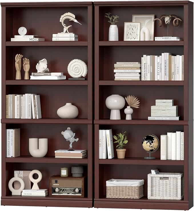 blini Bookshelf and Bookcase Set of 2, Wooden Double Wide Large Book Case, 5-Shelf Tall Bookshelf for Living Room, Home Office, Library (Mahogany, 5-Shelf)