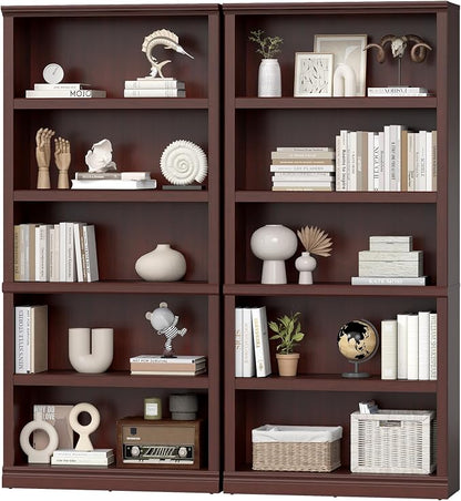 blini Bookshelf and Bookcase Set of 2, Wooden Double Wide Large Book Case, 5-Shelf Tall Bookshelf for Living Room, Home Office, Library (Mahogany, 5-Shelf)