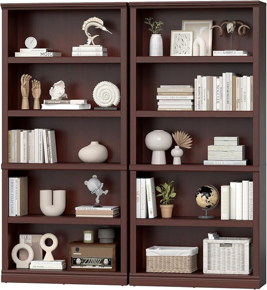 blini Bookshelf and Bookcase Set of 2, Wooden Double Wide Large Book Case, 5-Shelf Tall Bookshelf for Living Room, Home Office, Library (Mahogany, 5-Shelf)
