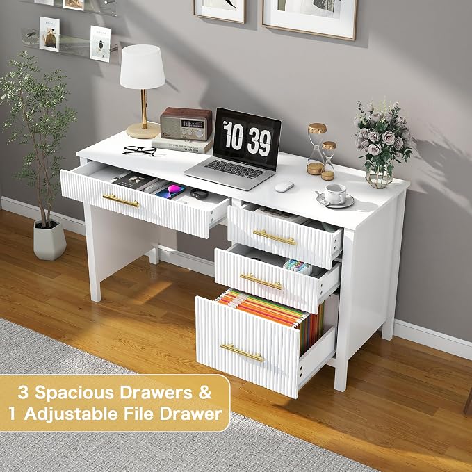 Modern Executive Desk with Drawers: 54 Inch White Home Office Desks with File Drawer, Wood Fluted Desk with Storage, Writing Computer Desks with 4 Drawers