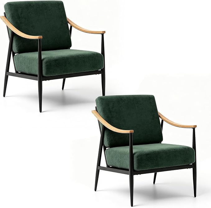 RNKSFX Modern Accent Chairs Set of 2 for Living Room Bedroom Mid Century Arm Chairs Upholstered Office Accent Chairs Comfy Waiting Room Chairs with Metal Frame, Green