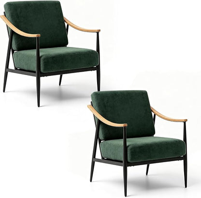 RNKSFX Modern Accent Chairs Set of 2 for Living Room Bedroom Mid Century Arm Chairs Upholstered Office Accent Chairs Comfy Waiting Room Chairs with Metal Frame, Green