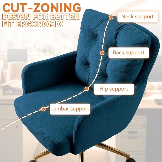 Flannel Office Chair, Comfy Home Office Desk Chairs with Lumbar Support, Modern Velvet Desk Chair Gold Legs Small Swivel Task Chair for Home Office, Bedroom, Study (Blue, L)