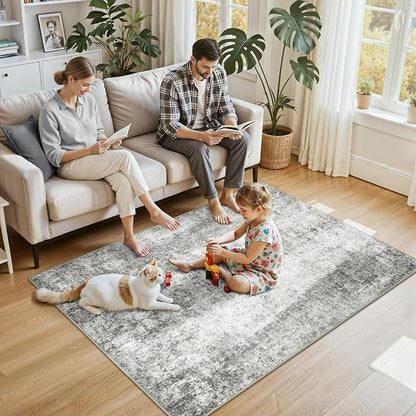 RELEANY Washable Area Rugs 4'x6' Non-Slip Modern Abstract Soft for Living Room Entryway Bedroom Kitchen, Print Pattern, Gray White Grey