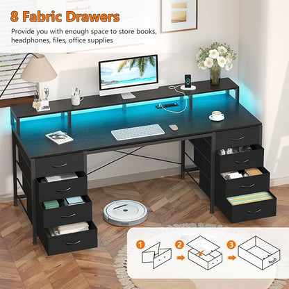 YOMILUVE 60 Inch Computer Desk with 8 Drawers, Gaming Desk with LED Lights & Power Outlets, Home Office Desk with Monitor Stand, Black