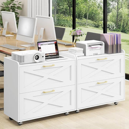 Halitaa Lateral File Cabinet 2 Drawers Mobile File Cabinet with Charging Station for Letter/Legal/A4 Size Hanging Files, Large Wood File Storage Cabinets Printer Stand for Home Office, Simple White