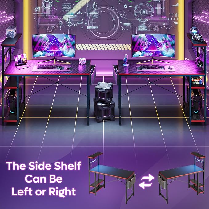 Bestier Gaming Desk with LED Lights, 44 Inch PC Gamer Desk for Small Spaces, Computer Desk with Reversible Storage Shelves & Side Storage Bag (Black 3D Carbon Fiber)
