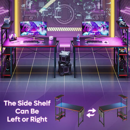 Bestier Gaming Desk with LED Lights, 44 Inch PC Gamer Desk for Small Spaces, Computer Desk with Reversible Storage Shelves & Side Storage Bag (Black 3D Carbon Fiber)