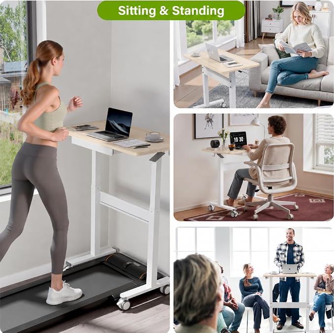 Standing Desk for Walking Pad with Wheels, Pneumatic Cordless Height Adjustable Rolling Desk, Computer Workstation with Drawer Hook Locking Casters for Treadmill Home Office, Light Wood