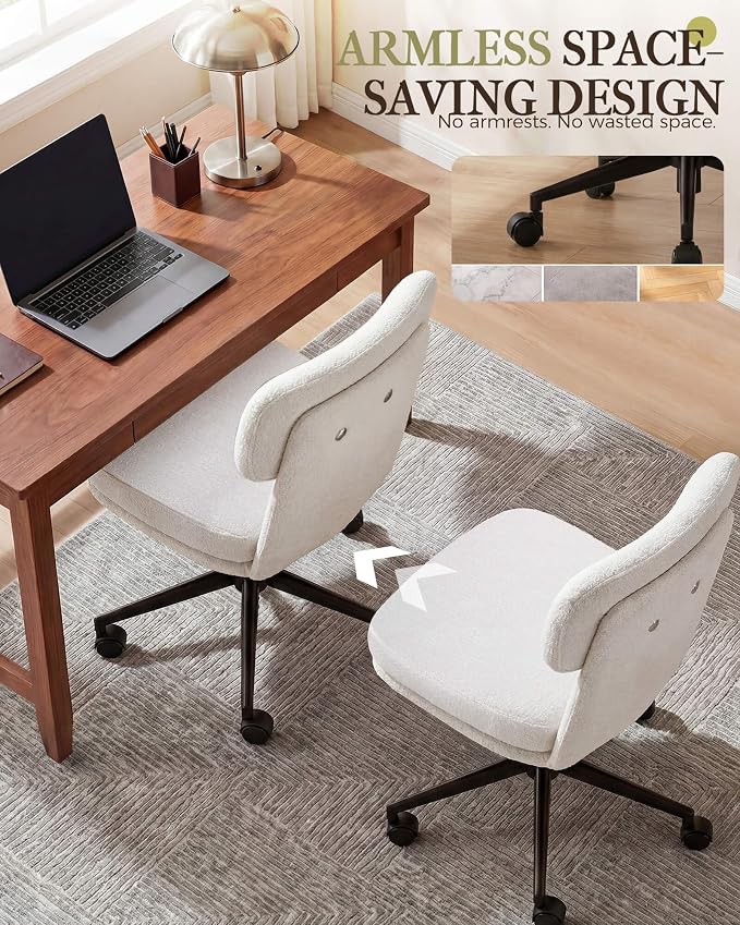 COMHOMA Home Office Desk Chairs with Ergonomic Curved Backrest, Mid Century Modern Vanity Chair with Wheel for Bedroom, Chenille Upholstered, White