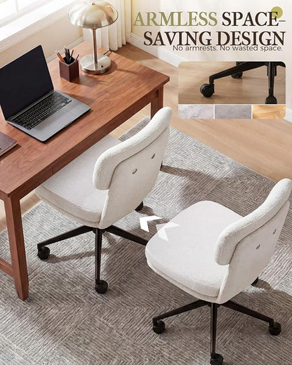 COMHOMA Home Office Desk Chairs with Ergonomic Curved Backrest, Mid Century Modern Vanity Chair with Wheel for Bedroom, Chenille Upholstered, White