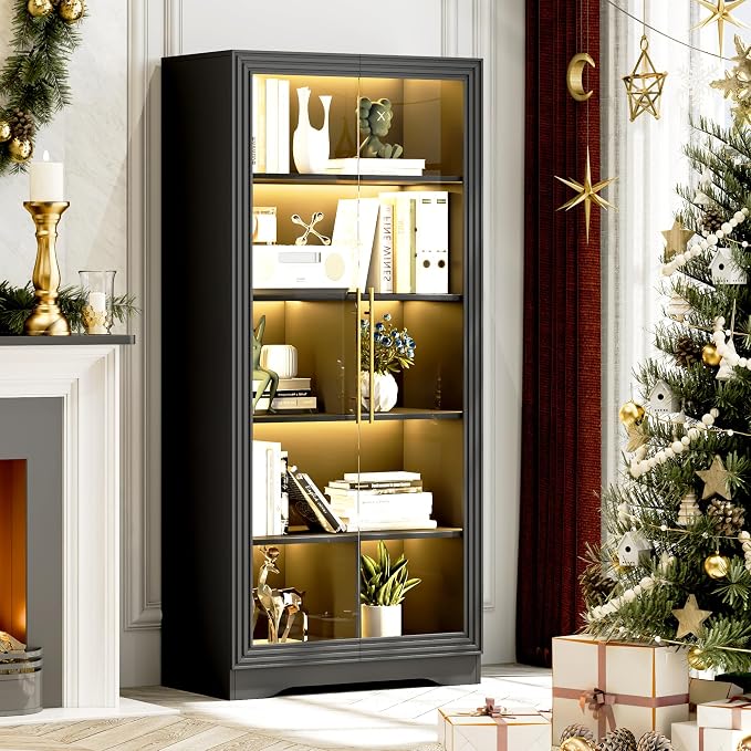 Vlsrka LED Display Cabinet with Glass Doors, Modern Storage Cabinet with 5 Tier Adjustable Shelves, Human Sensor, for Collectibles, 65" Tall Bookcase for Home Office Living Room, Black