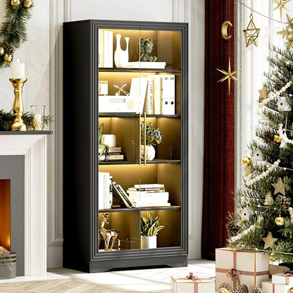 Vlsrka LED Display Cabinet with Glass Doors, Modern Storage Cabinet with 5 Tier Adjustable Shelves, Human Sensor, for Collectibles, 65" Tall Bookcase for Home Office Living Room, Black