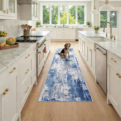 RELEANY Washable Area Rugs 2x7 Non-Slip Modern Abstract Soft for Living Room Entryway Bedroom Kitchen, Print Pattern, Blue Grey Navy Gray