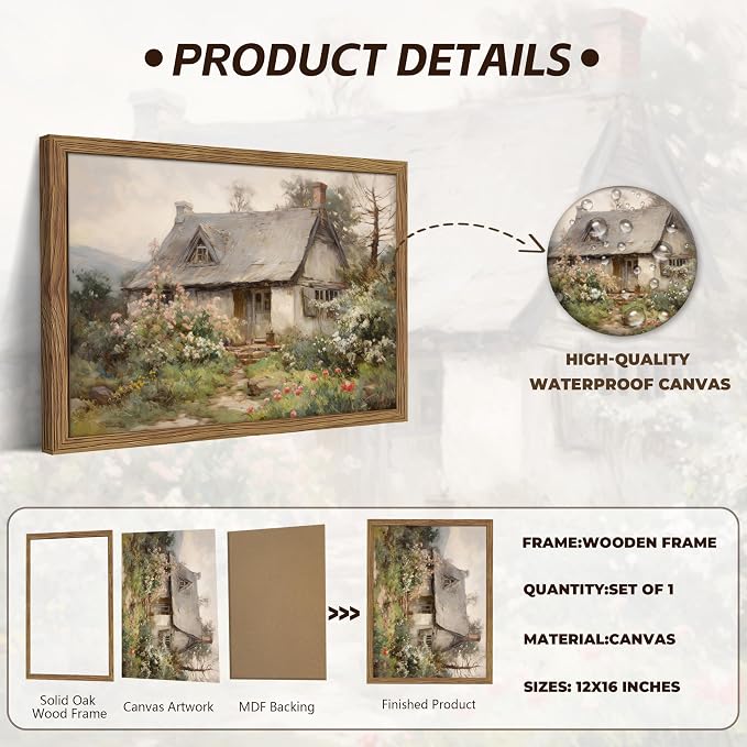 Framed Farmhouse Wall Decor, Country Cottage Pictures Wall Art, Pastoral Nature Landscape Canvas Print, Vintage Farm House Oil Painting Artwork for Bedroom Living Room – 12x16 inch