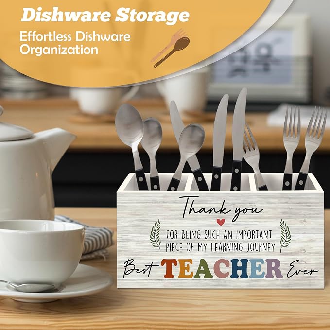 Teacher Appreciation Gifts Pen Holder Organizer for Desk Accessories, End of Year Thank You Teacher Gifts for Women Men Wooden Box Sign Desk Decorations for Office Classroom Tabletop