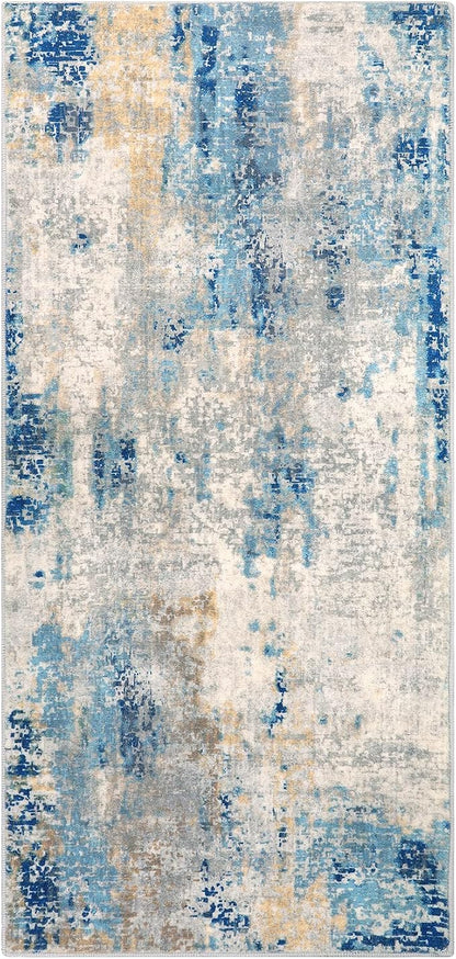 Lahome 2x4 Washable Hallway Runner Rug, Non Slip Runner Rug, Easy Clean Soft Stain Resistant Carpet for Entrance, Front Door, Door-Friendly Mat with Low Pile, 2 x 4 Blue/Ivory