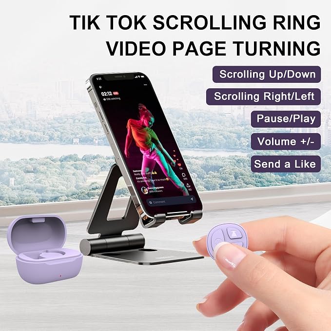 Tiktok Scrolling Ring, Bluetooth Camera Remote Control, Scrolling Ring Remote for iPhone TikTok FB YouTube IG Android Phone, Fingertip Wireless Scroller Page Turner (Purple)