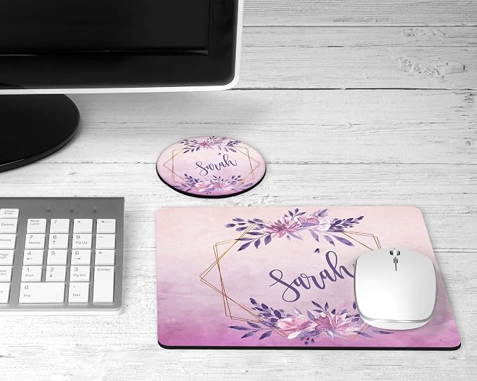 Personalized Mouse Pad and Coaster Custom Desk Set Teacher Appreciation Coworker Gifts Office Decor Cute AccessoriesHandmade (Purple Wreath)