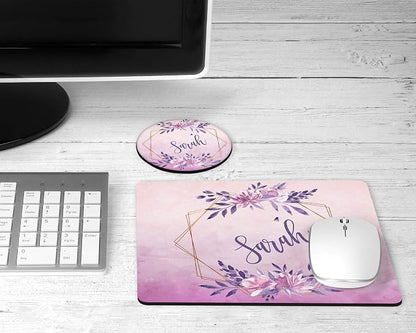 Personalized Mouse Pad and Coaster Custom Desk Set Teacher Appreciation Coworker Gifts Office Decor Cute AccessoriesHandmade (Purple Wreath)
