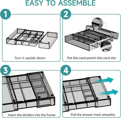2 Pack Expandable Desk Drawer Organizer Tray with 10 Adjustable Compartments Metal Mesh Office Drawer Organizer for Home, School Supplies, Makeup Vanity & Jewelry (Black)