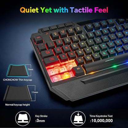 CHONCHOW Gaming Keyboard and Mouse Combo, USB Wired RGB Backlit Anti-Ghosting Silent Keyboard with Ergonomic Wrist Rest & Phone Holder, 7D 7200DPI Gaming Mouse for PC Gamer Xbox PS4 PS5 (RGB-Black)