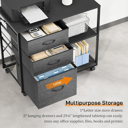 VINGLI 3 Drawer File Cabinet with Wheels Under Desk Printer Stand, Rolling File Cabinet with Shelves Adjustable, Mobile Lateral Filing Cabinet for Home Office, Fits Letter Size, Black