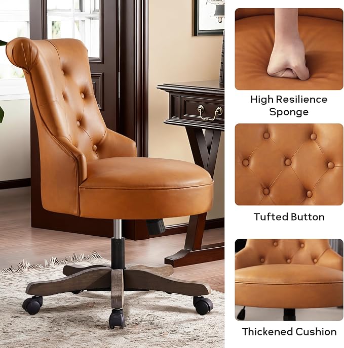HUIMO Home Office Chair Upholstered Faux Leather PU Armless Desk Chair with Wheels Adjustable Height Computer Desk Chair with Wooden Legs Comfy Swivel Chair for Study Studio (Caramel Brown)