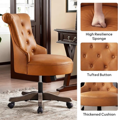 HUIMO Home Office Chair Upholstered Faux Leather PU Armless Desk Chair with Wheels Adjustable Height Computer Desk Chair with Wooden Legs Comfy Swivel Chair for Study Studio (Caramel Brown)