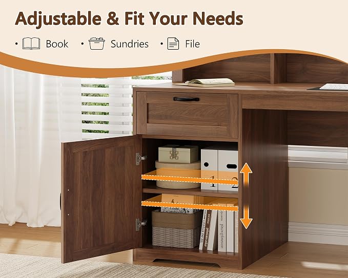 YOMILUVE 63" L Shaped Desk with Drawers, Farmhouse Corner Computer Desk with Power Outlets, Storage Cabinet, Home Office Executive Desk with Long Monitor Stand, Brown