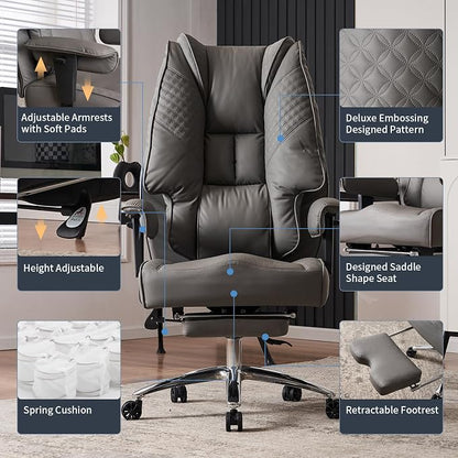 EXCEBET Big and Tall Office Chair 400lbs Wide Seat, Leather High Back Executive Office Chair with Foot Rest, Ergonomic Chairs Lumbar Support for Lower Back Pain Relief (Grey)
