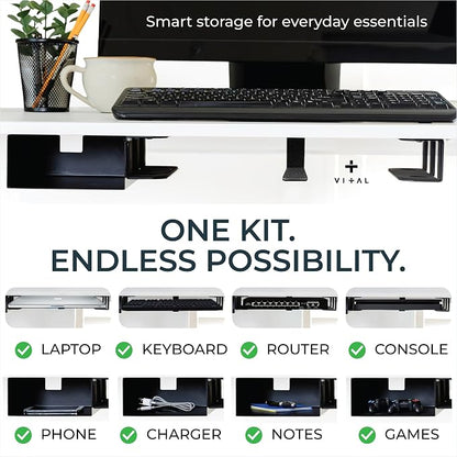 VI+AL Under Desk Laptop Mount - Hidden Metal Shelf with Side Storage - Installs with Tape & Screws - Fits Devices up to 1.7" Thick - Standard (No Hook or Cable Organizer)