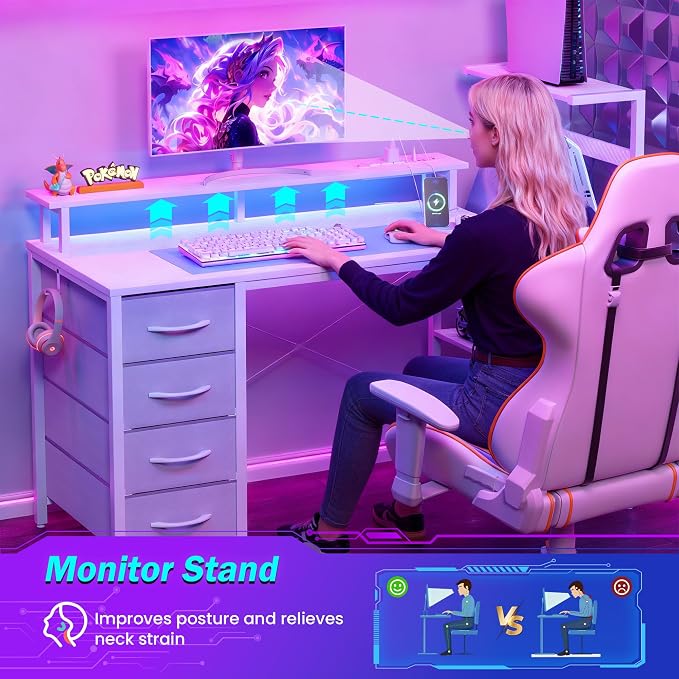 51 Inch Gaming Desk with LED Lights and Power Outlets, Computer Desk with Storage Shelves, Fabric Drawers, Monitor Stand & Side Hook, Reversible Gamer Table for Home Office, Carbon Fiber White