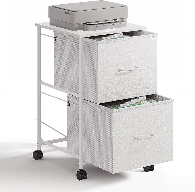 DEVAISE 2 Drawer Mobile File Cabinet, Rolling Printer Stand with Open Storage Shelf, Fabric Vertical Filing Cabinet fits A4 or Letter Size for Home Office, White