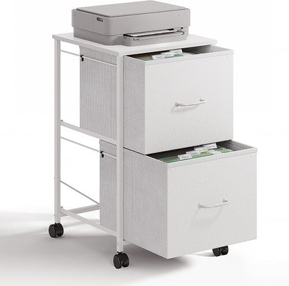 DEVAISE 2 Drawer Mobile File Cabinet, Rolling Printer Stand with Open Storage Shelf, Fabric Vertical Filing Cabinet fits A4 or Letter Size for Home Office, White