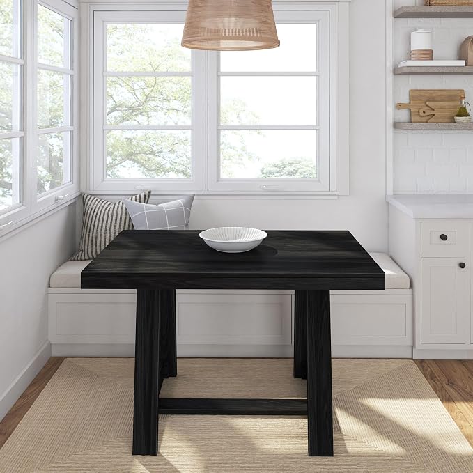 Plank+Beam 48 Inch Farmhouse Dining Table, Rustic Solid Wood Kitchen Table, Dinner Table for Dining Room, Home Office Furniture, Black Wirebrush