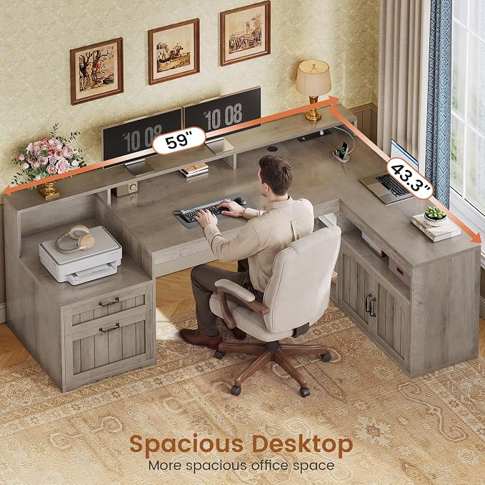 SEDETA Farmhouse L Shaped Desk with Drawers, 59" Office Desk with File Drawers, Wood Corner Computer Desk with Storage, Home Office Desks with Storage Cabinet and Monitor Stand, Grey