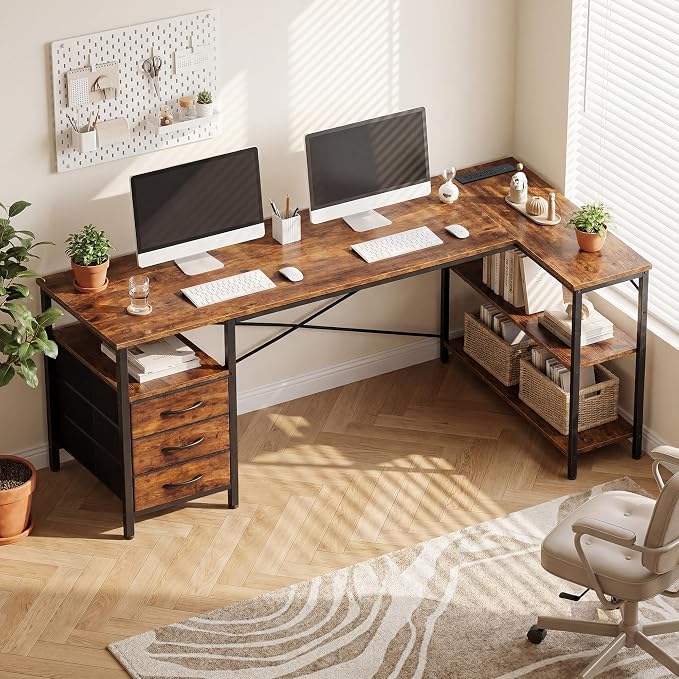 Alpen L Shaped Computer Desk, 47 Inch Corner Desk with Drawers and Power Outlets, Home Office Desk for Gaming, Study Writing PC Table with Storage and Reversible Shelf, Brown