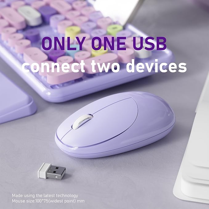 Wireless Keyboard and Mouse, Colorful 104-Key QWERTY with Round Keys, Phone Holder, Wrist Rest, Power Buttons, 2.4GHz USB for PC Laptop (Purple Colorful)