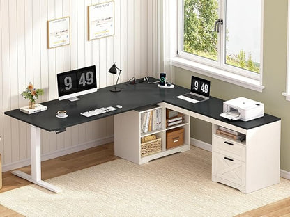 YOMILUVE Farmhouse L Shaped Standing Desk, 66 inch Corner Electric Standing Desk with Drawers ＆ Storage Shelves, Height Adjustable Computer Desk with Power Outlets for Home Office (Black and White)